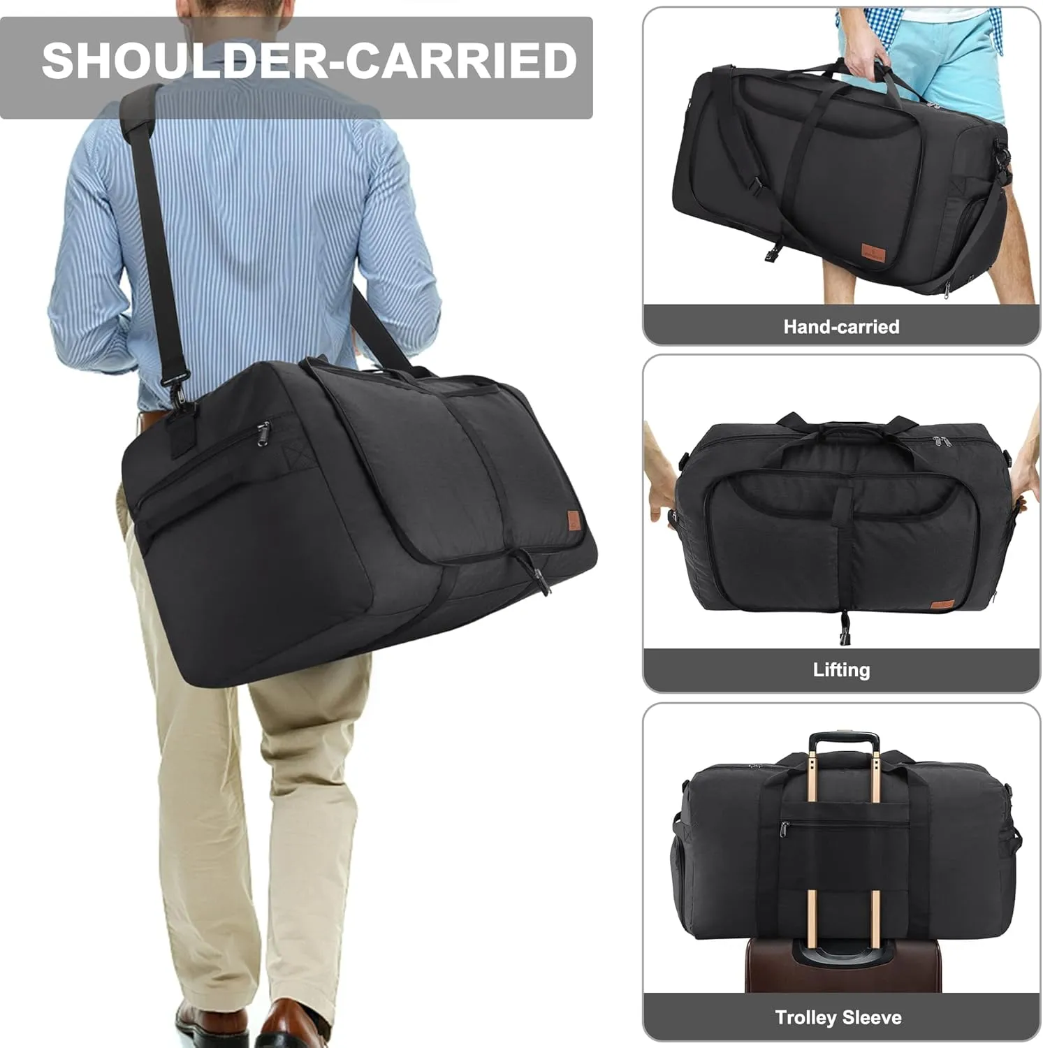 120L Duffle Bag for Travel, Large Foldable Waterproof Travel Duffel Bags Weekender Overnight Bag for Men and Women with Shoe Compartment (Black)