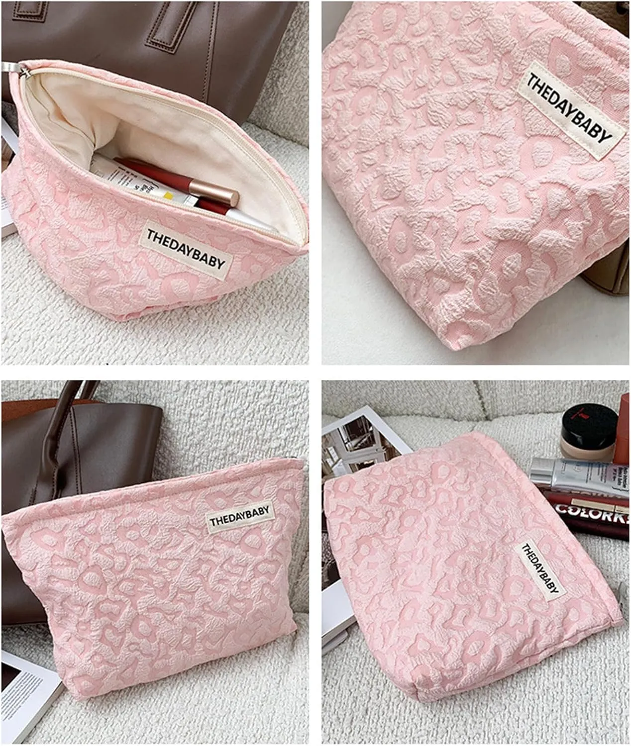 1PCS Cotton Makeup Bag Portable Travel Bag Quilted Cosmetic Bag Aesthetic Leopard Print Toiletry Organizer Case Pouch Bag for Women Girls Pink Color