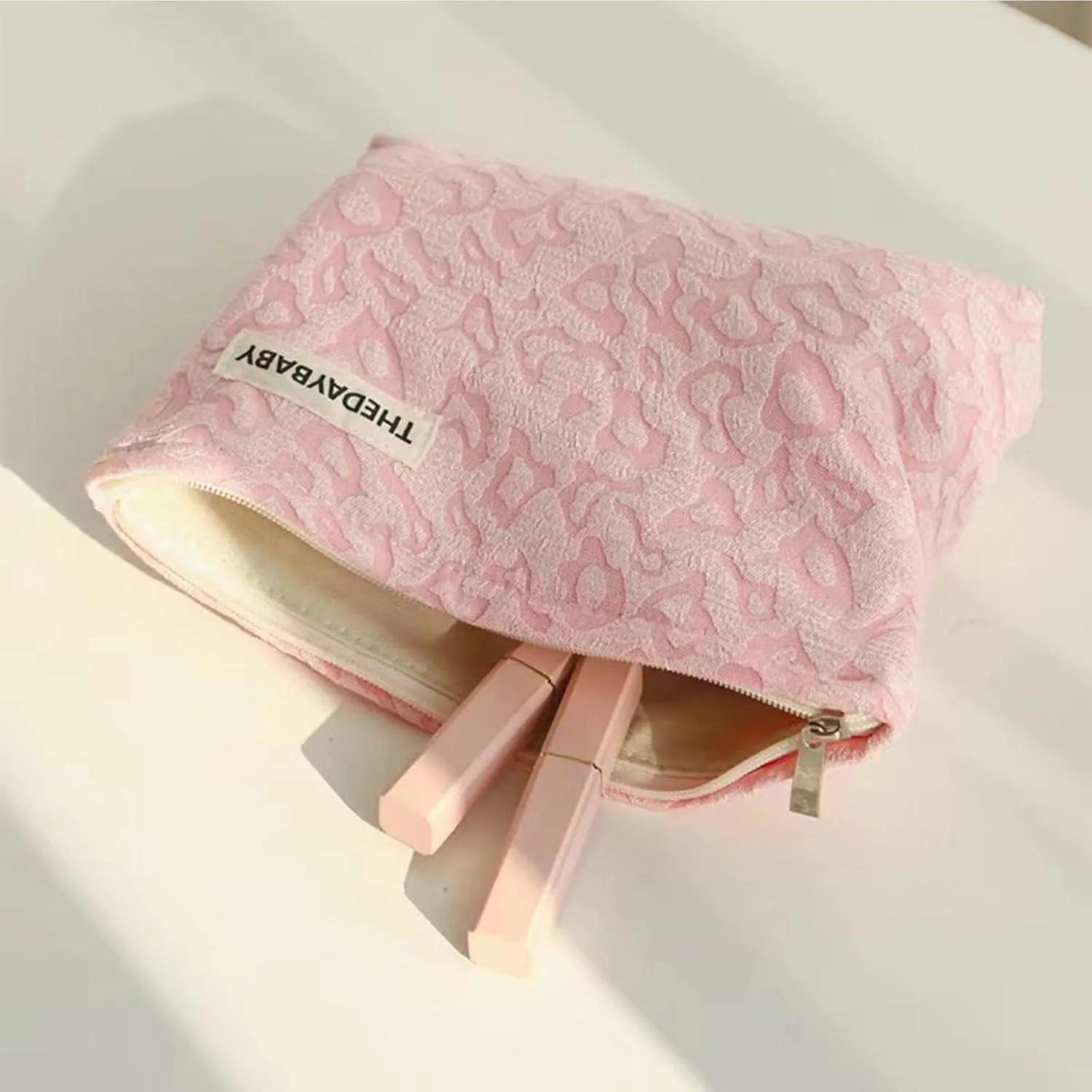 1PCS Cotton Makeup Bag Portable Travel Bag Quilted Cosmetic Bag Aesthetic Leopard Print Toiletry Organizer Case Pouch Bag for Women Girls Pink Color