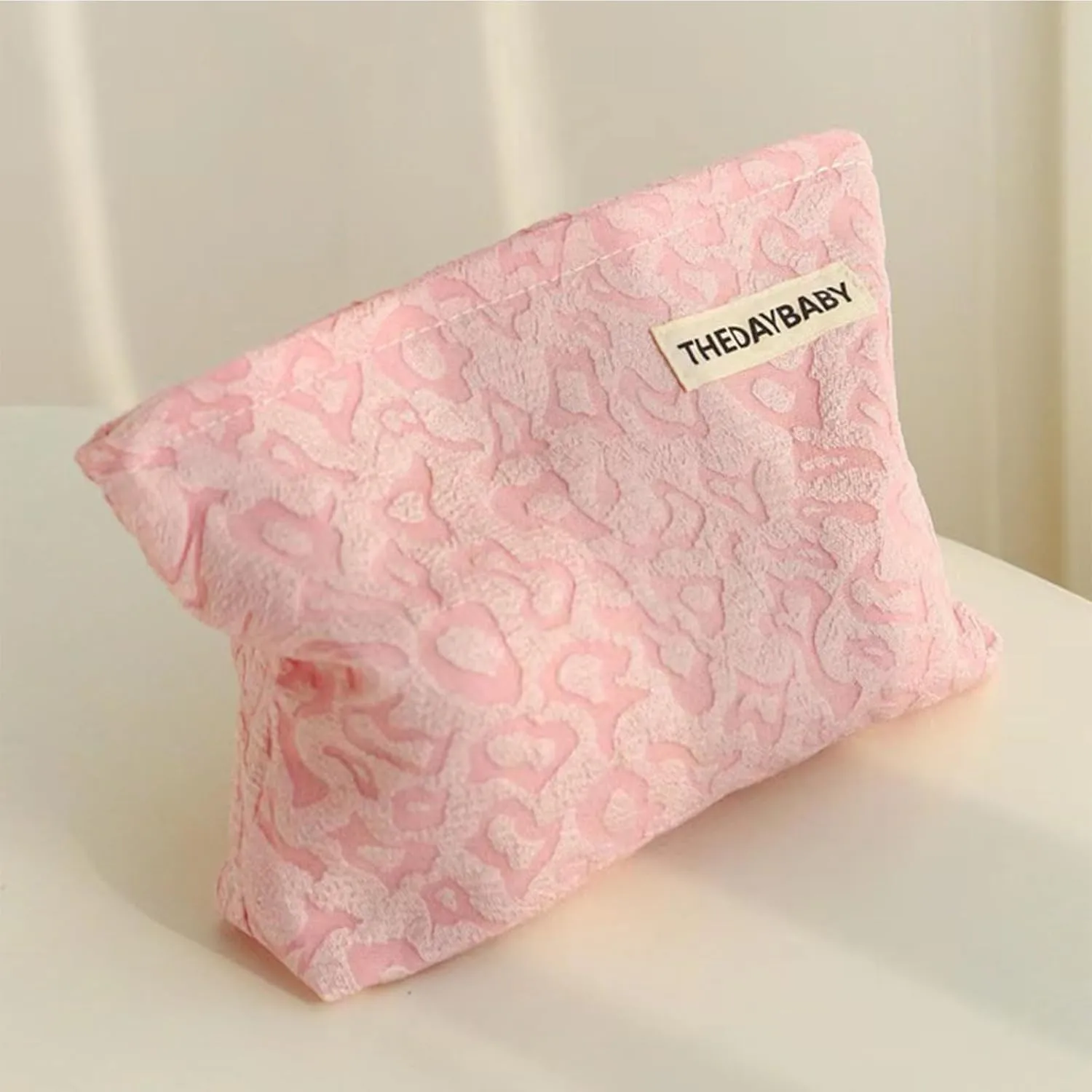 1PCS Cotton Makeup Bag Portable Travel Bag Quilted Cosmetic Bag Aesthetic Leopard Print Toiletry Organizer Case Pouch Bag for Women Girls Pink Color