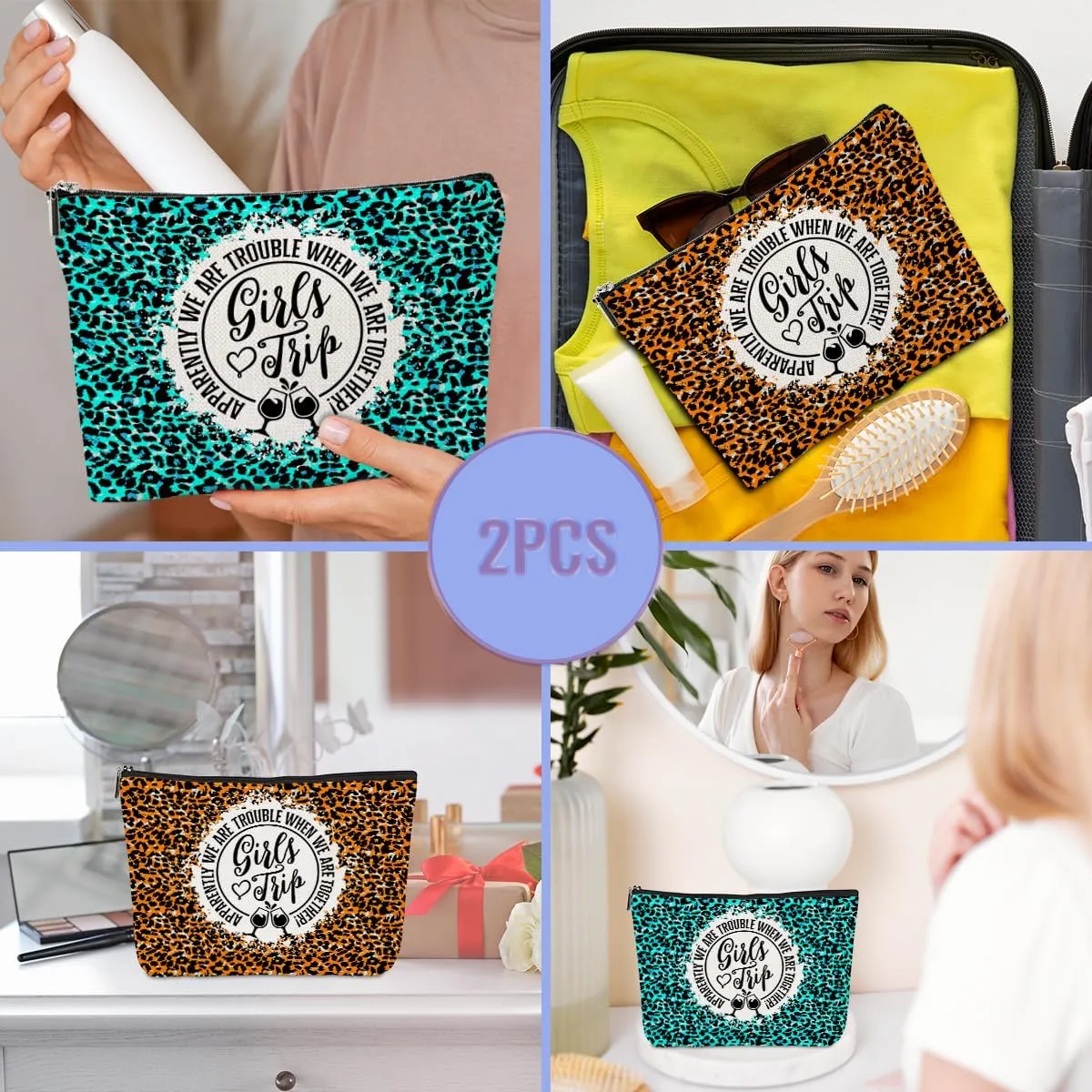 2 Pcs Girls Trip 2024 Makeup Bag - Weekender Bags for Women's Bachelorette Party & Birthday Friendship Gifts