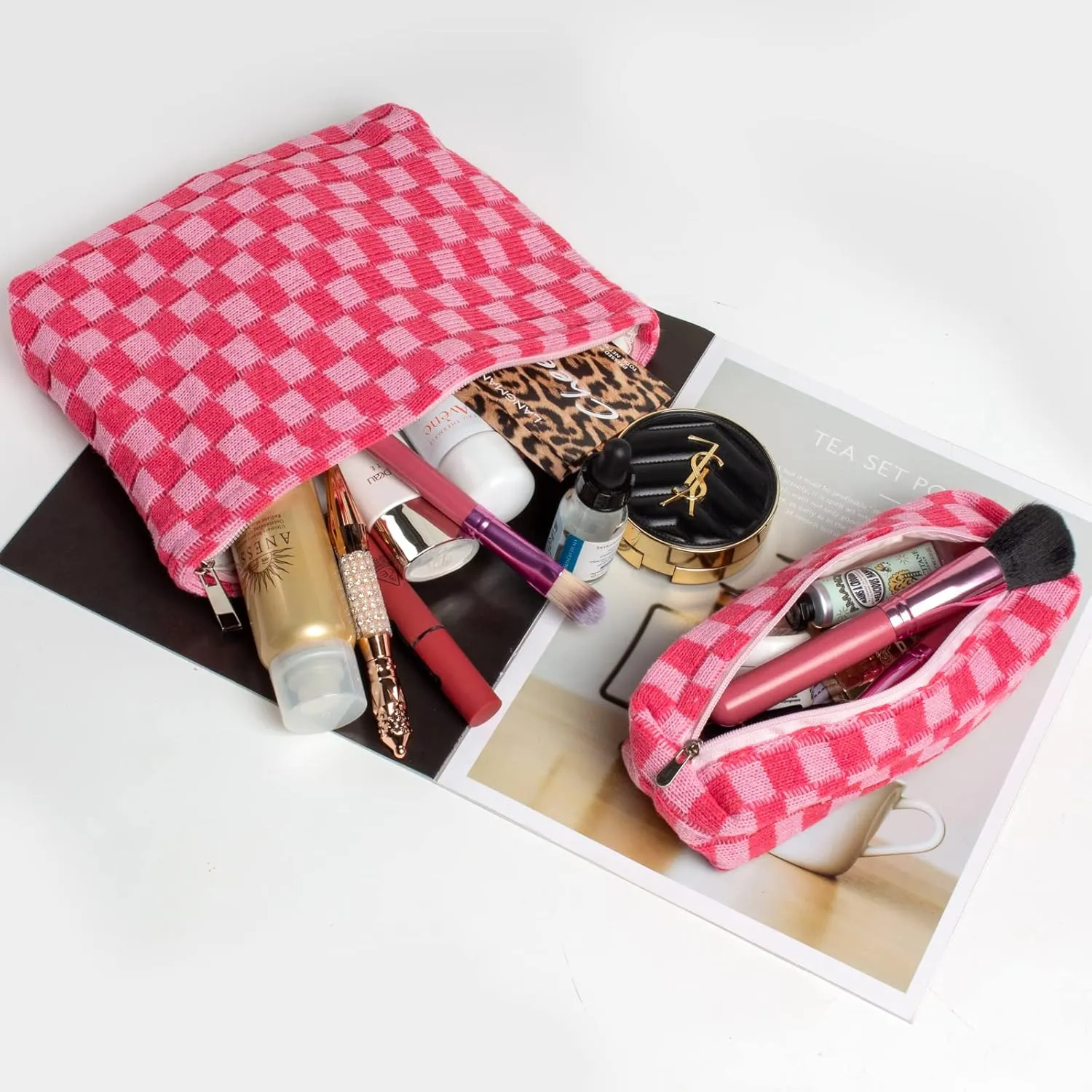 2 Pcs Small Makeup Bag, Checkered Cosmetic Bag and Makeup Brush Storage Bag Mini Makeup Pouch for Purse Cute Travel Cosmetic Bag Organizer Aesthetic Accessories Storage Bag Travel Essentials for Women