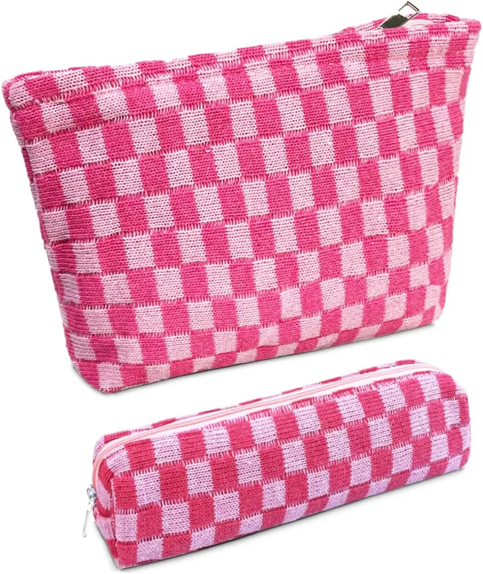 2 Pcs Small Makeup Bag, Checkered Cosmetic Bag and Makeup Brush Storage Bag Mini Makeup Pouch for Purse Cute Travel Cosmetic Bag Organizer Aesthetic Accessories Storage Bag Travel Essentials for Women