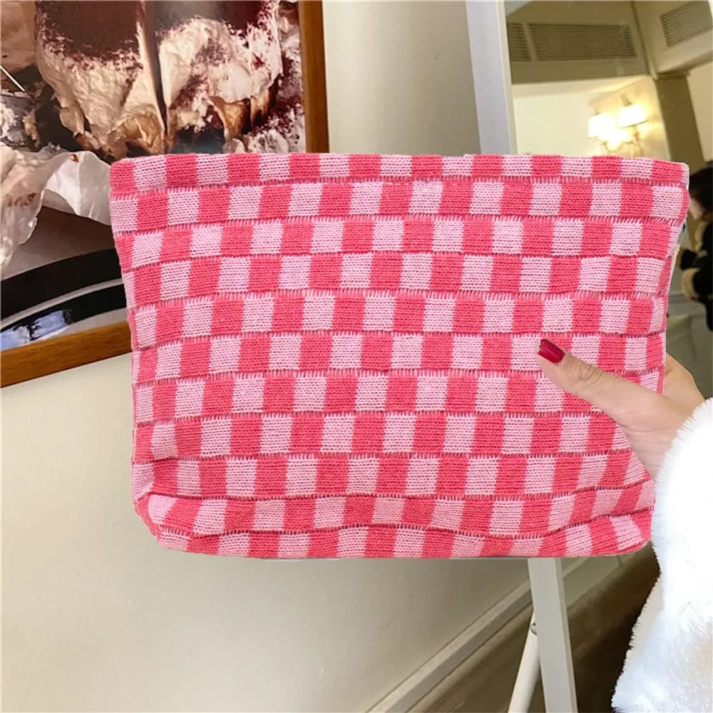 2 Pcs Small Makeup Bag, Checkered Cosmetic Bag and Makeup Brush Storage Bag Mini Makeup Pouch for Purse Cute Travel Cosmetic Bag Organizer Aesthetic Accessories Storage Bag Travel Essentials for Women
