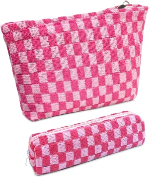 2 Pcs Small Makeup Bag, Checkered Cosmetic Bag and Makeup Brush Storage Bag Mini Makeup Pouch for Purse Cute Travel Cosmetic Bag Organizer Aesthetic Accessories Storage Bag Travel Essentials for Women