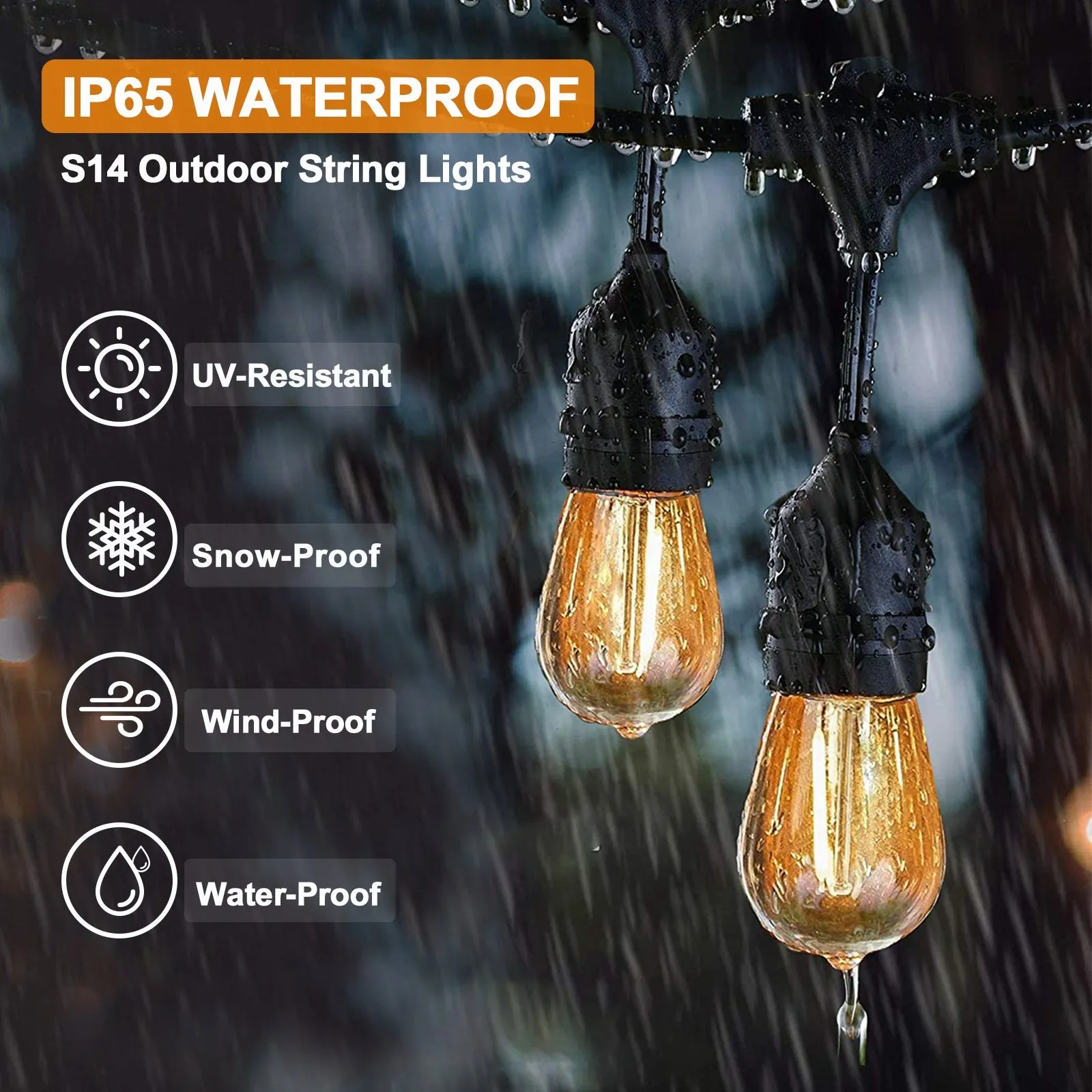 25 FT S14 Solar-Powered String Lights, IP65, 10 Shatterproof Edison Vintage Bulbs (2 Spare)