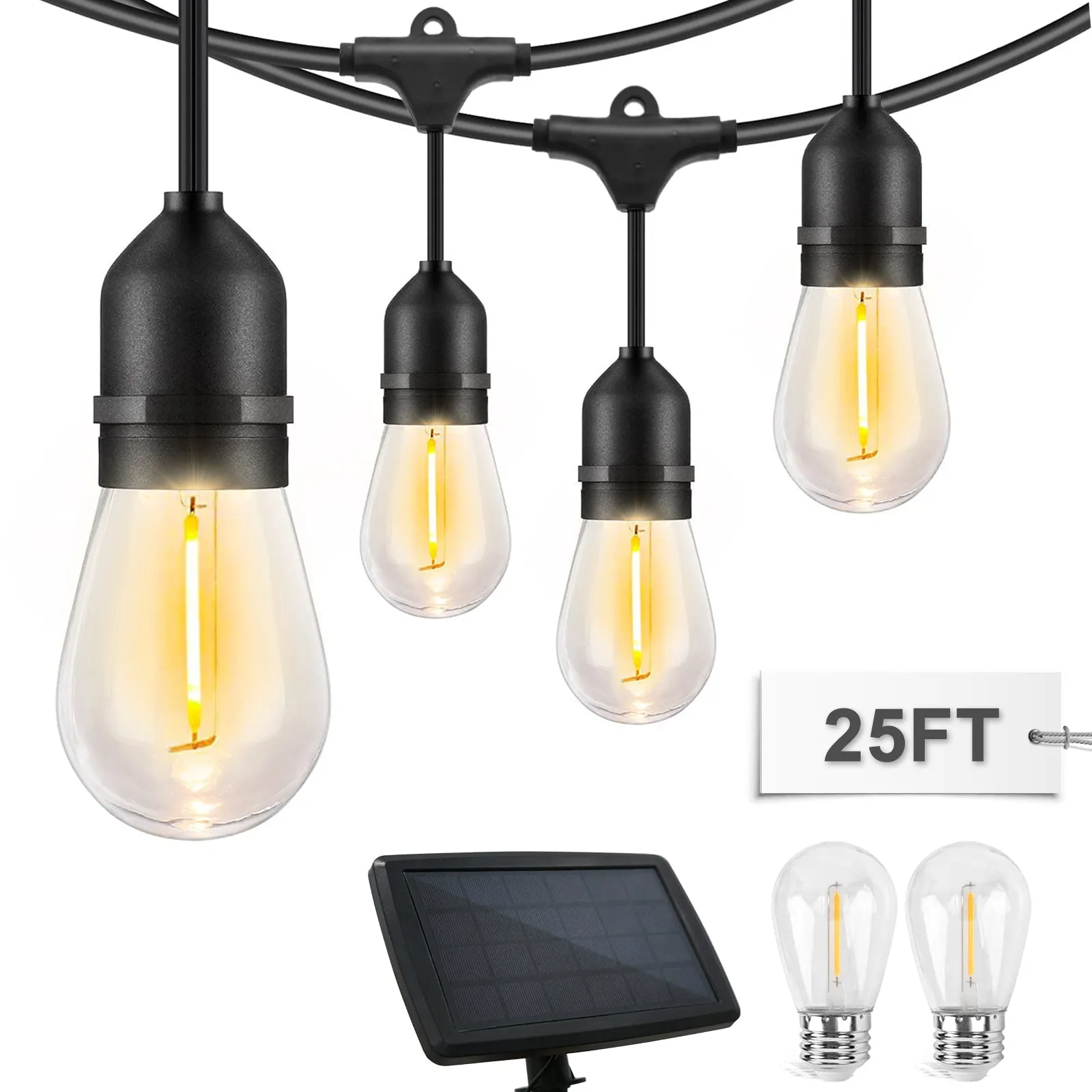 25 FT S14 Solar-Powered String Lights, IP65, 10 Shatterproof Edison Vintage Bulbs (2 Spare)