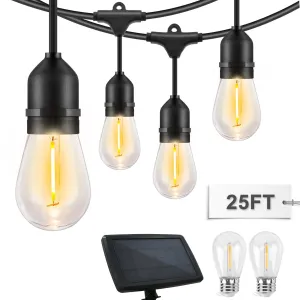 25 FT S14 Solar-Powered String Lights, IP65, 10 Shatterproof Edison Vintage Bulbs (2 Spare)