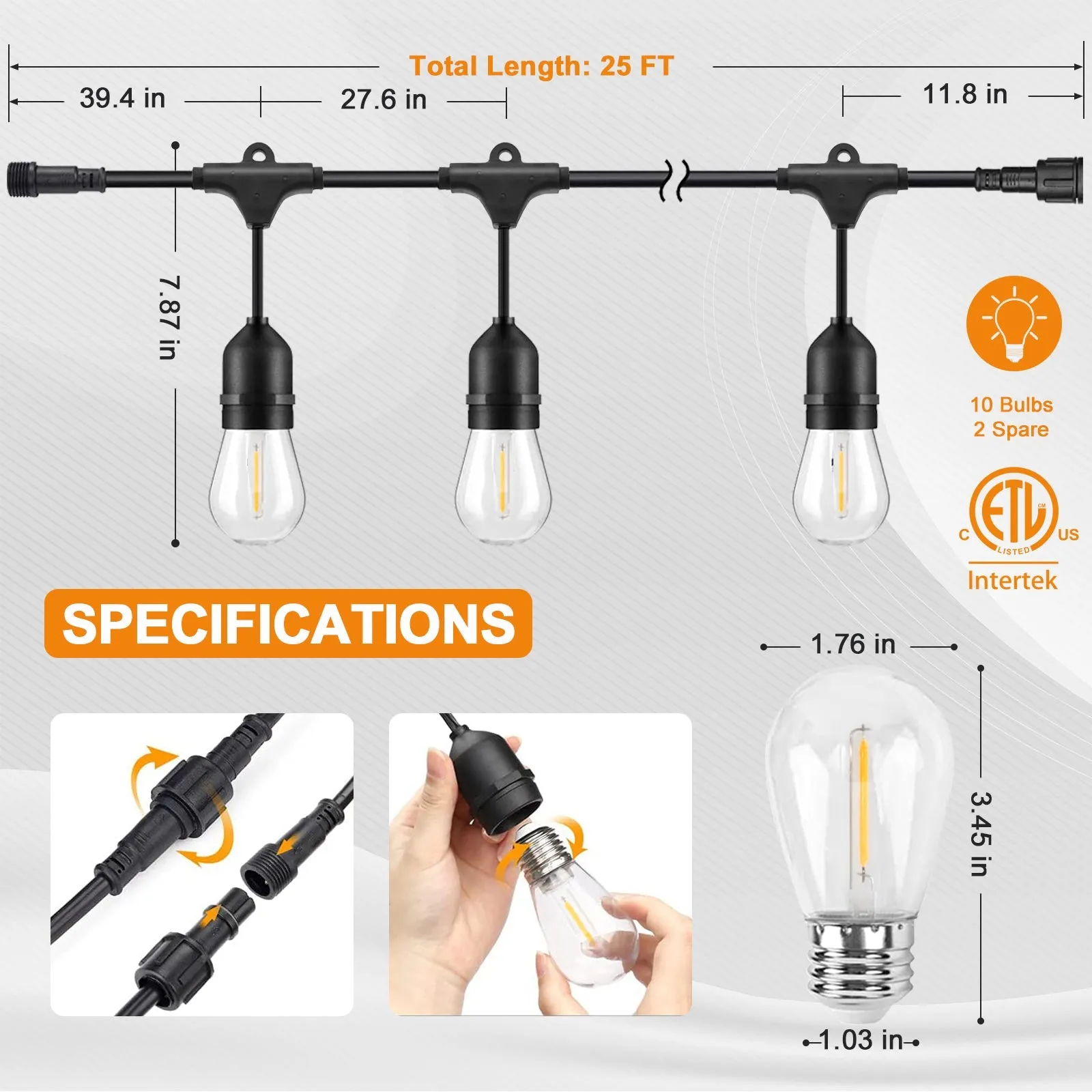 25 FT S14 Solar-Powered String Lights, IP65, 10 Shatterproof Edison Vintage Bulbs (2 Spare)