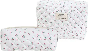 2PCS Portable Makeup Bag Quilted Travel Bag Cosmetic Bag Aesthetic Toiletry Organizer Case Cherry Pouch Bag Women Girls Gift Set