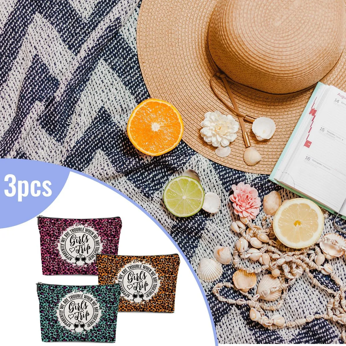 3 Pcs Girls Trip Favors Makeup Bag for Women - Cosmetic Weekender Bags for Bachelorette Party, Birthday & Friendship Gifts