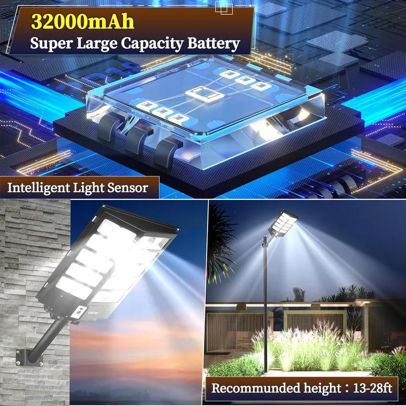 3200W Solar Street Lights Outdoor, 320000LM Commercial Parking Lot Light, 6500K Dusk to Dawn Solar Security Flood Lights Motion Sensor Solar Led Lamp for Basketball Court, Road, Playground
