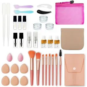 38 pcs Mini Makeup Containers Set, Travel Size Bottles Kits with Brushes, Puff & Sponges - TSA Approved Mini Dropper Bottles, Spray Bottles, Jars, Lip Gross Tubes for Makeup, Skincare & Essential Oil