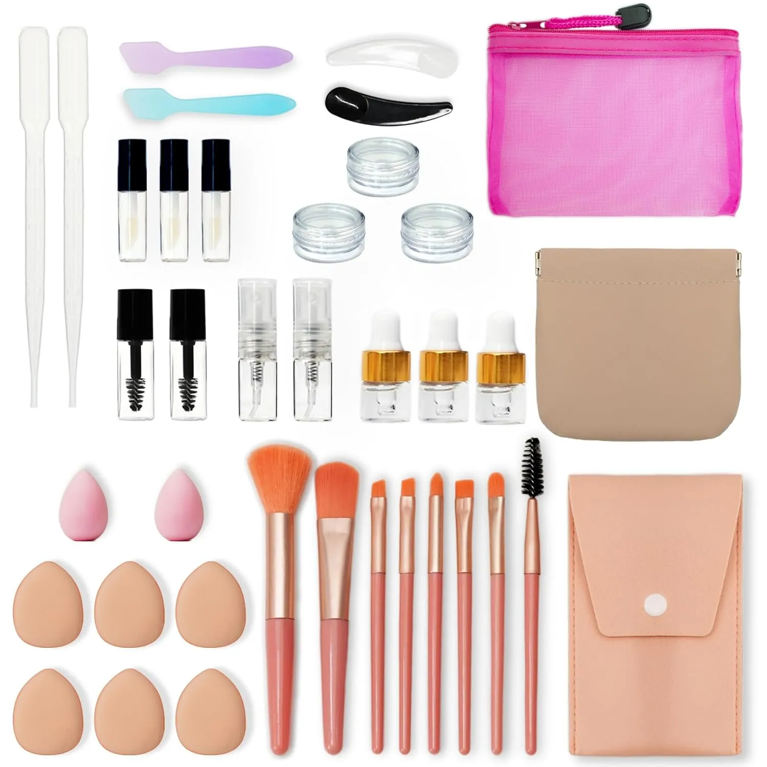 38 pcs Mini Makeup Containers Set, Travel Size Bottles Kits with Brushes, Puff & Sponges - TSA Approved Mini Dropper Bottles, Spray Bottles, Jars, Lip Gross Tubes for Makeup, Skincare & Essential Oil