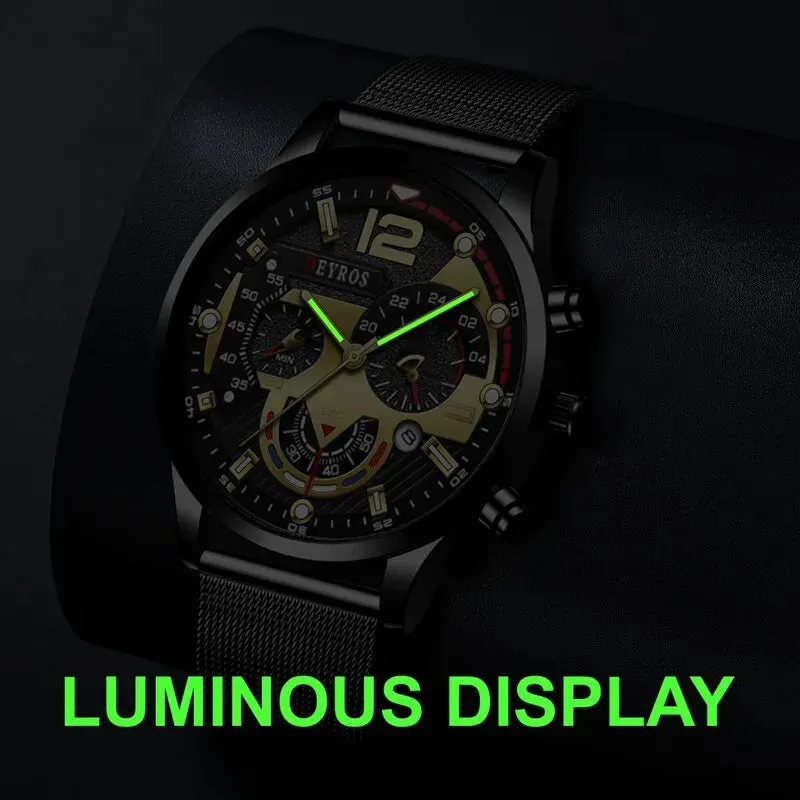 3pcs Set Fashion Mens Calendar Watches Men Business Steel Mesh Belt Quartz Watch Male Casual Necklace Bracelet Wristwatch