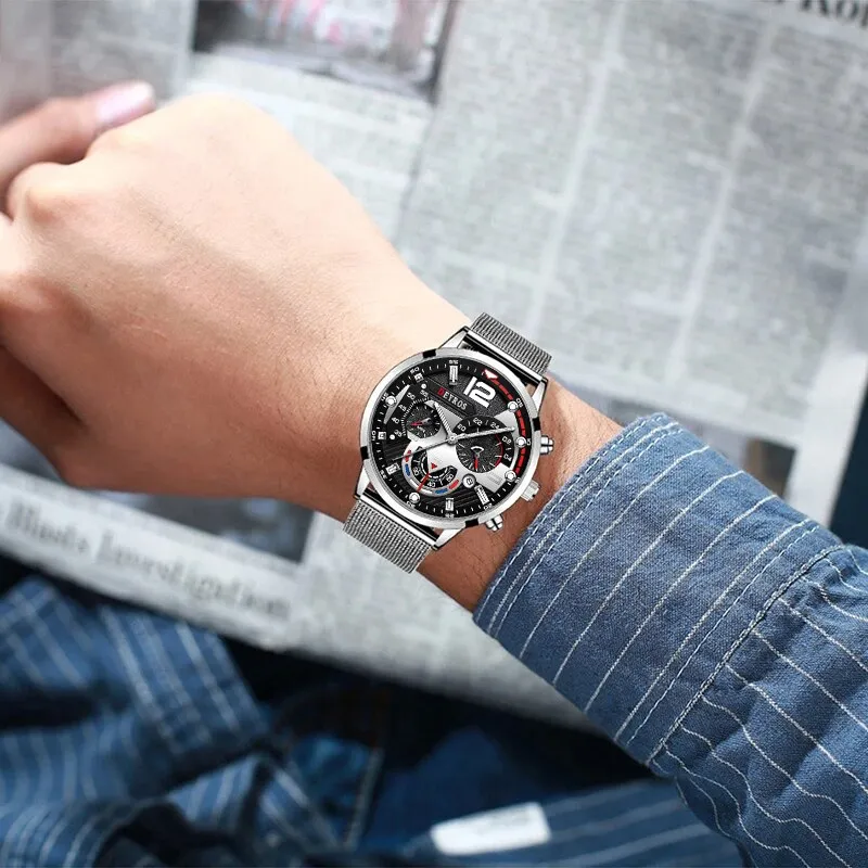 3pcs Set Fashion Mens Calendar Watches Men Business Steel Mesh Belt Quartz Watch Male Casual Necklace Bracelet Wristwatch