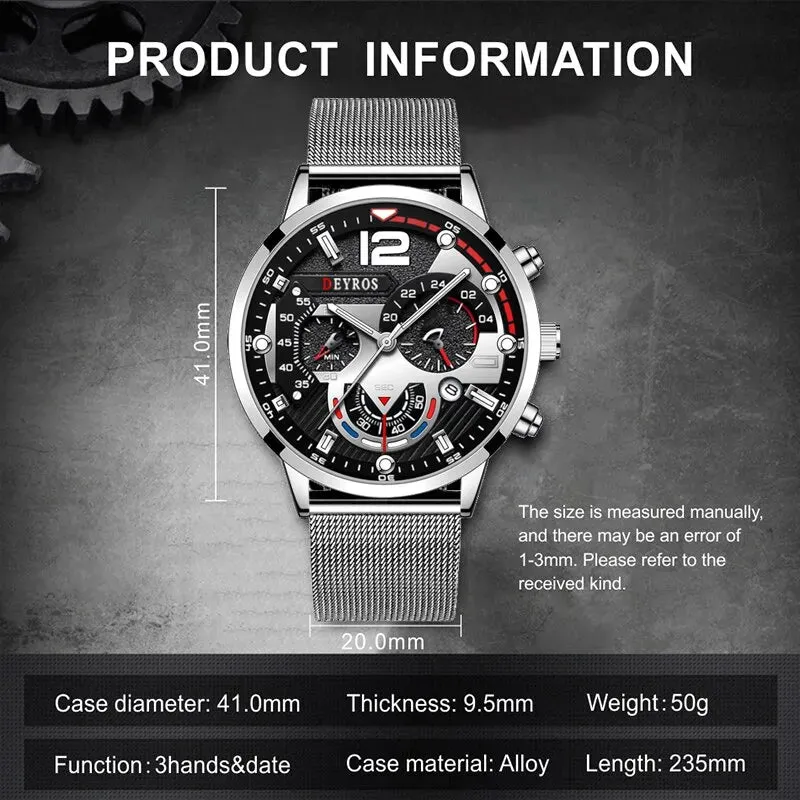 3pcs Set Fashion Mens Calendar Watches Men Business Steel Mesh Belt Quartz Watch Male Casual Necklace Bracelet Wristwatch