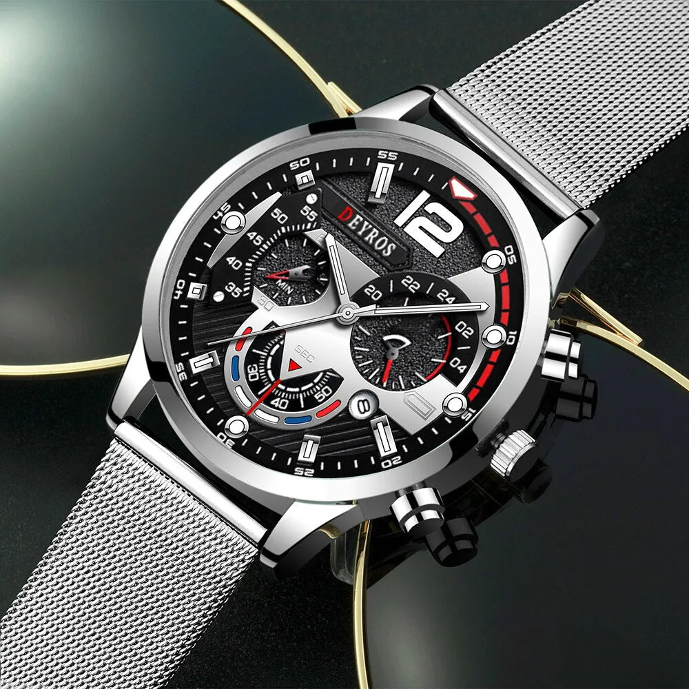 3pcs Set Fashion Mens Calendar Watches Men Business Steel Mesh Belt Quartz Watch Male Casual Necklace Bracelet Wristwatch