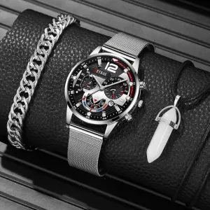 3pcs Set Fashion Mens Calendar Watches Men Business Steel Mesh Belt Quartz Watch Male Casual Necklace Bracelet Wristwatch