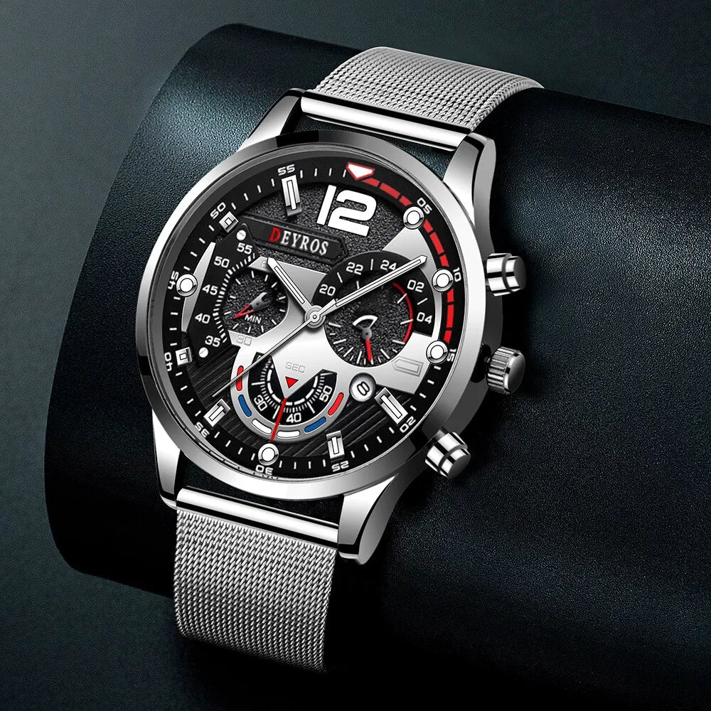 3pcs Set Fashion Mens Calendar Watches Men Business Steel Mesh Belt Quartz Watch Male Casual Necklace Bracelet Wristwatch