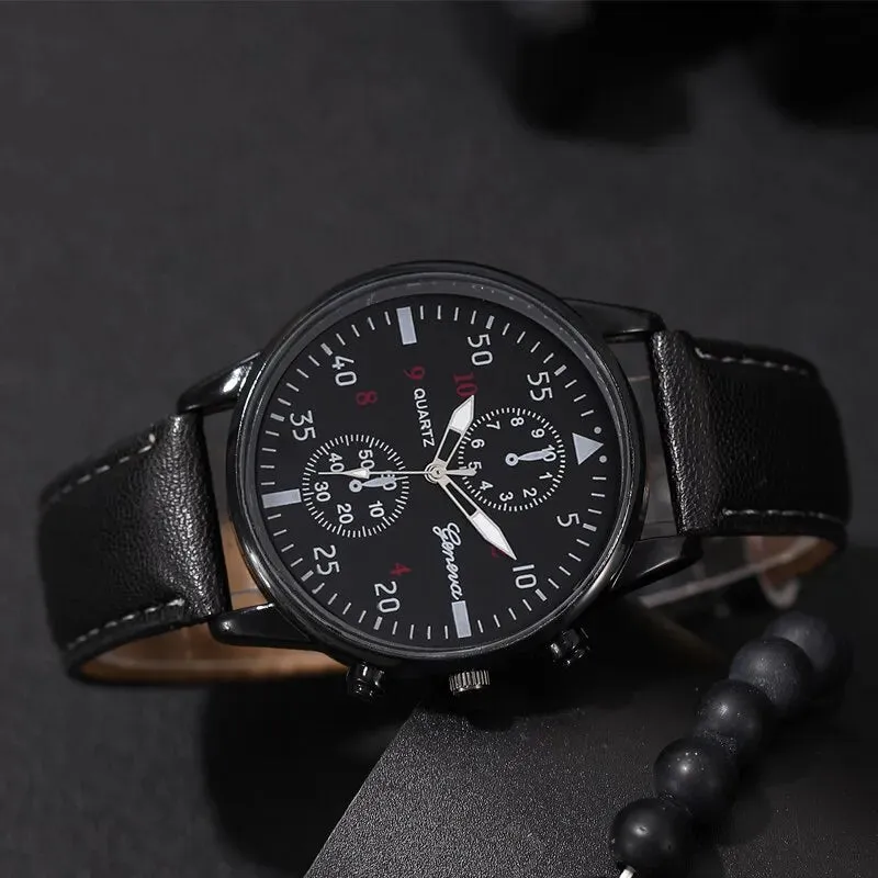 3pcs Set Fashion Mens Watches Men Necklace Bracelet Leather Quartz Watch Male Business Casual Wrist Watch