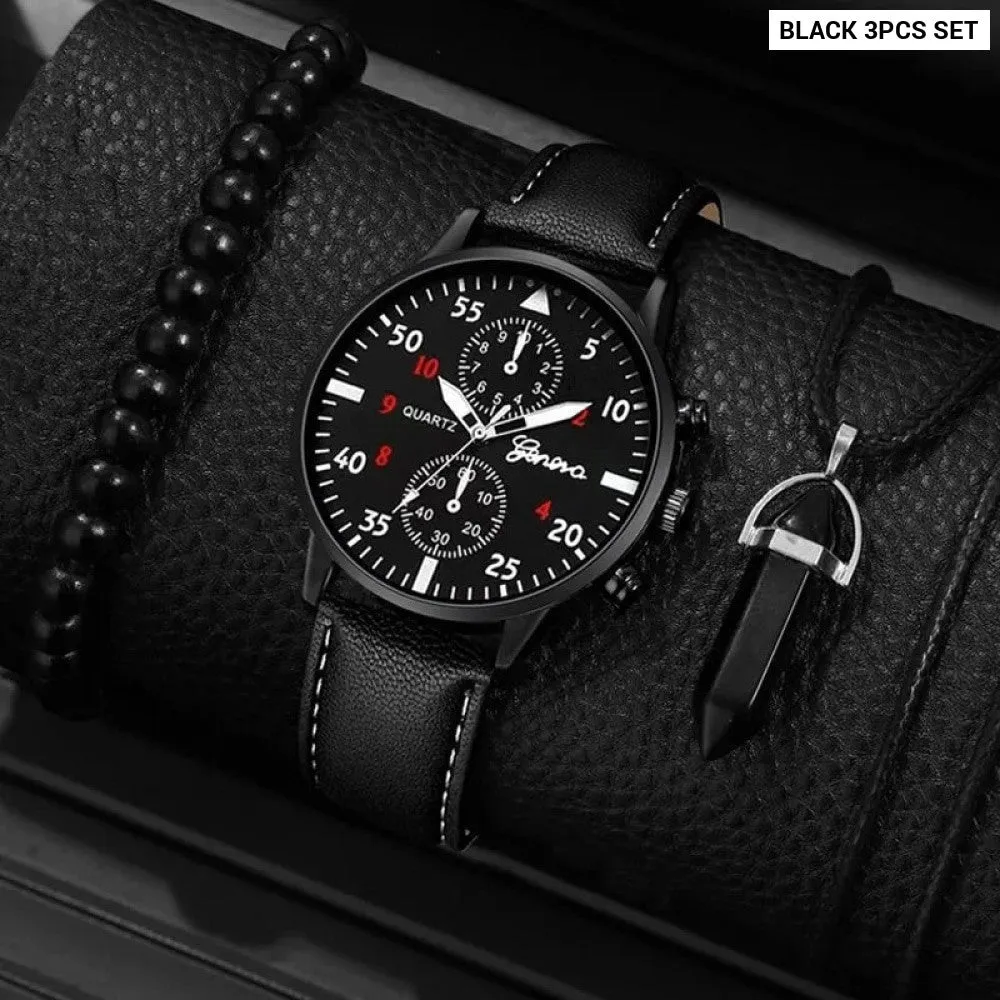 3pcs Set Fashion Mens Watches Men Necklace Bracelet Leather Quartz Watch Male Business Casual Wrist Watch