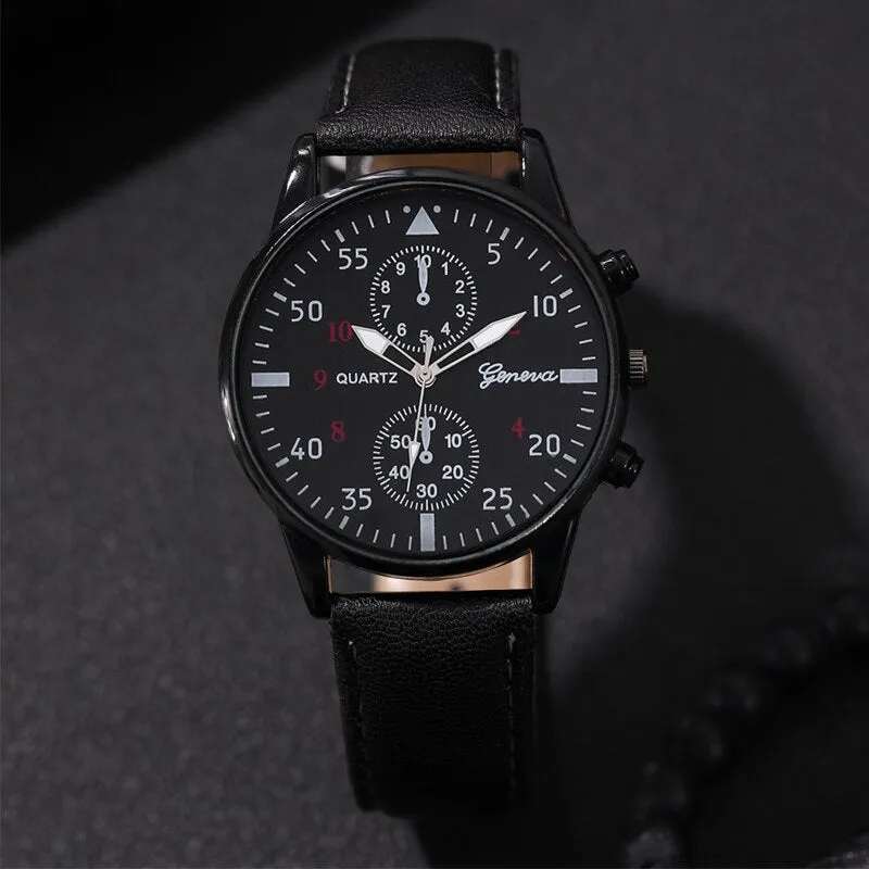 3pcs Set Fashion Mens Watches Men Necklace Bracelet Leather Quartz Watch Male Business Casual Wrist Watch