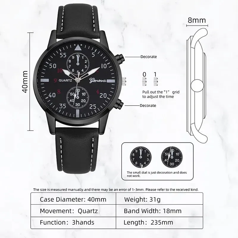 3pcs Set Fashion Mens Watches Men Necklace Bracelet Leather Quartz Watch Male Business Casual Wrist Watch