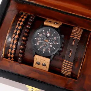 4pcs Set Fashion Mens Sports Bracelet Watches for Men Military Quartz Wrist Watch Classic Male Casual Leather Watch