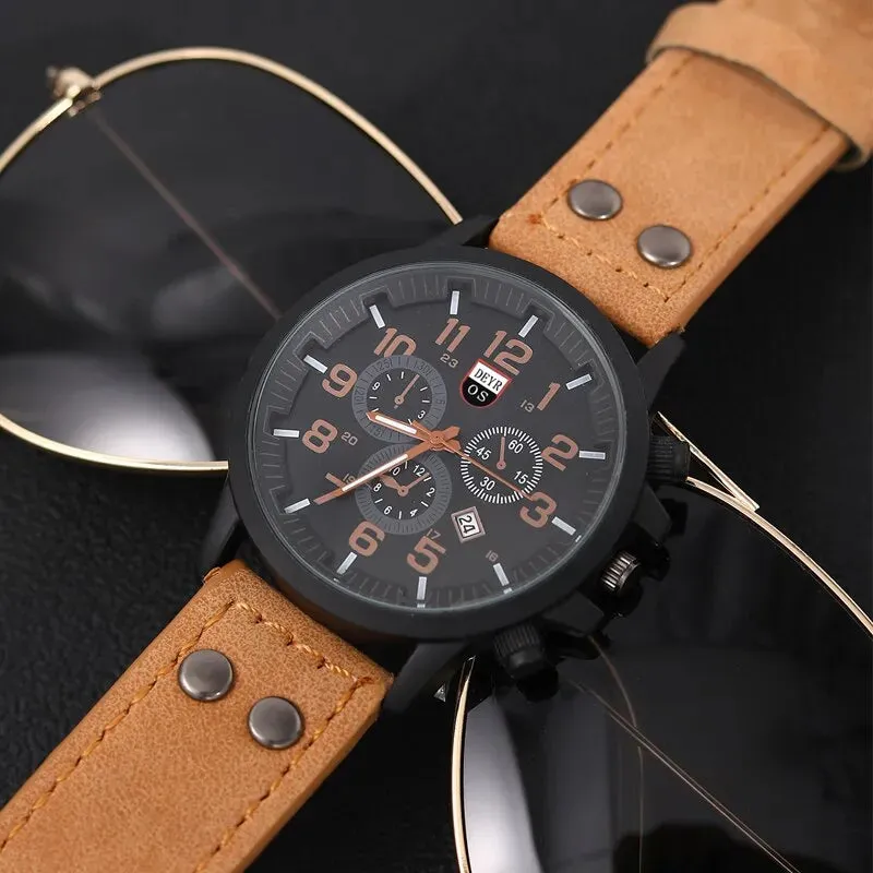 4pcs Set Fashion Mens Sports Bracelet Watches for Men Military Quartz Wrist Watch Classic Male Casual Leather Watch