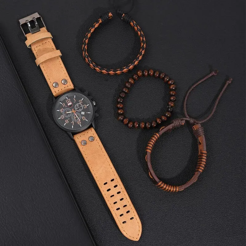 4pcs Set Fashion Mens Sports Bracelet Watches for Men Military Quartz Wrist Watch Classic Male Casual Leather Watch