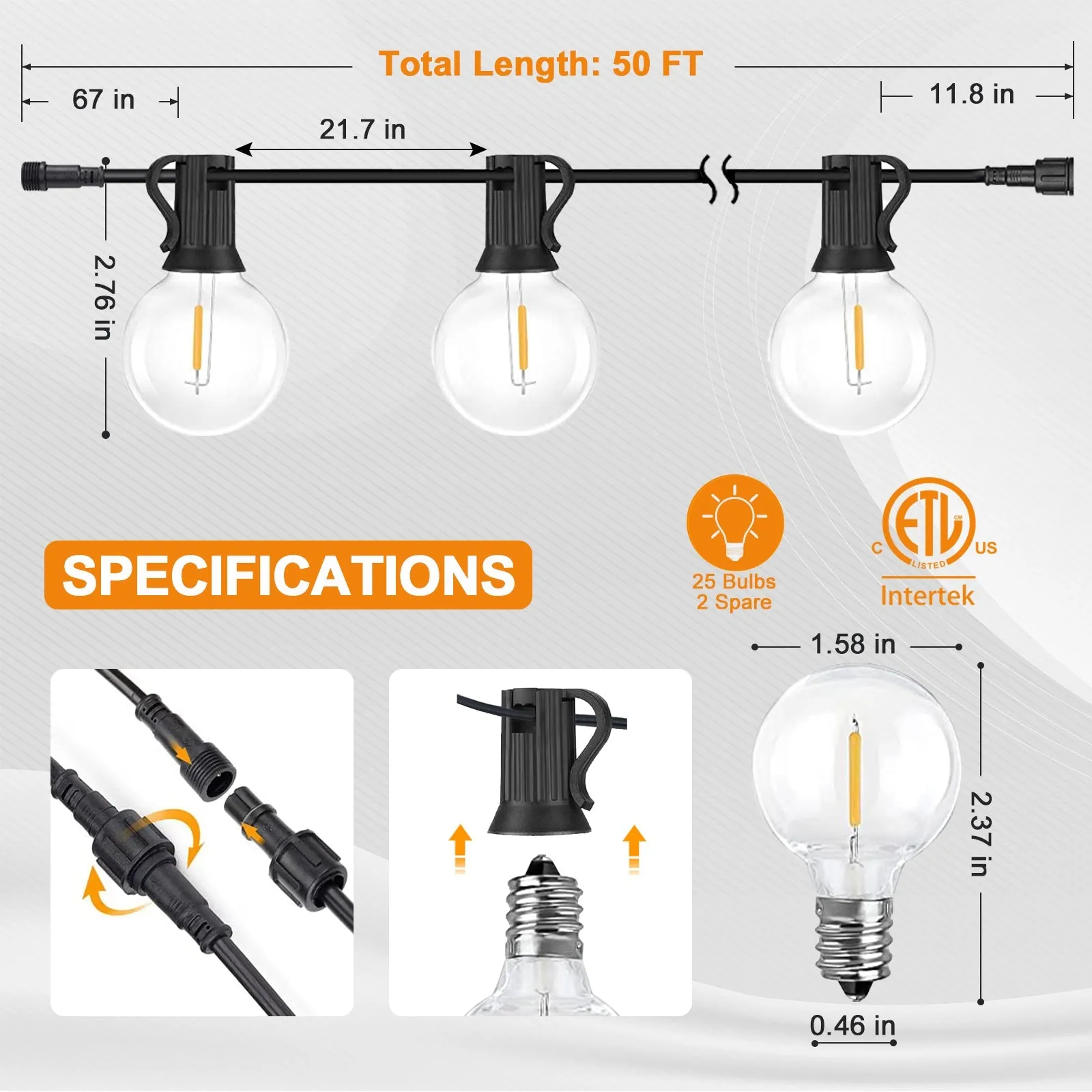 50 FT S14 Solar-Powered String Lights, IP65, 15 Shatterproof Edison Vintage Bulbs (2 Spare)