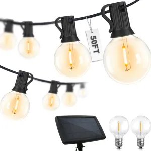 50 FT S14 Solar-Powered String Lights, IP65, 15 Shatterproof Edison Vintage Bulbs (2 Spare)