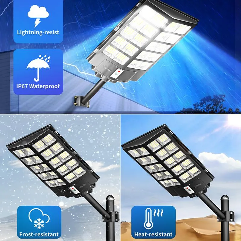 5200W IP67 Solar Street Lights Outdoor, 320000LM Commercial Parking Lot Light, 6500K Dusk to Dawn Solar Security Flood Lights Motion Sensor Solar Led Lamp for Basketball Court, Road, Yard