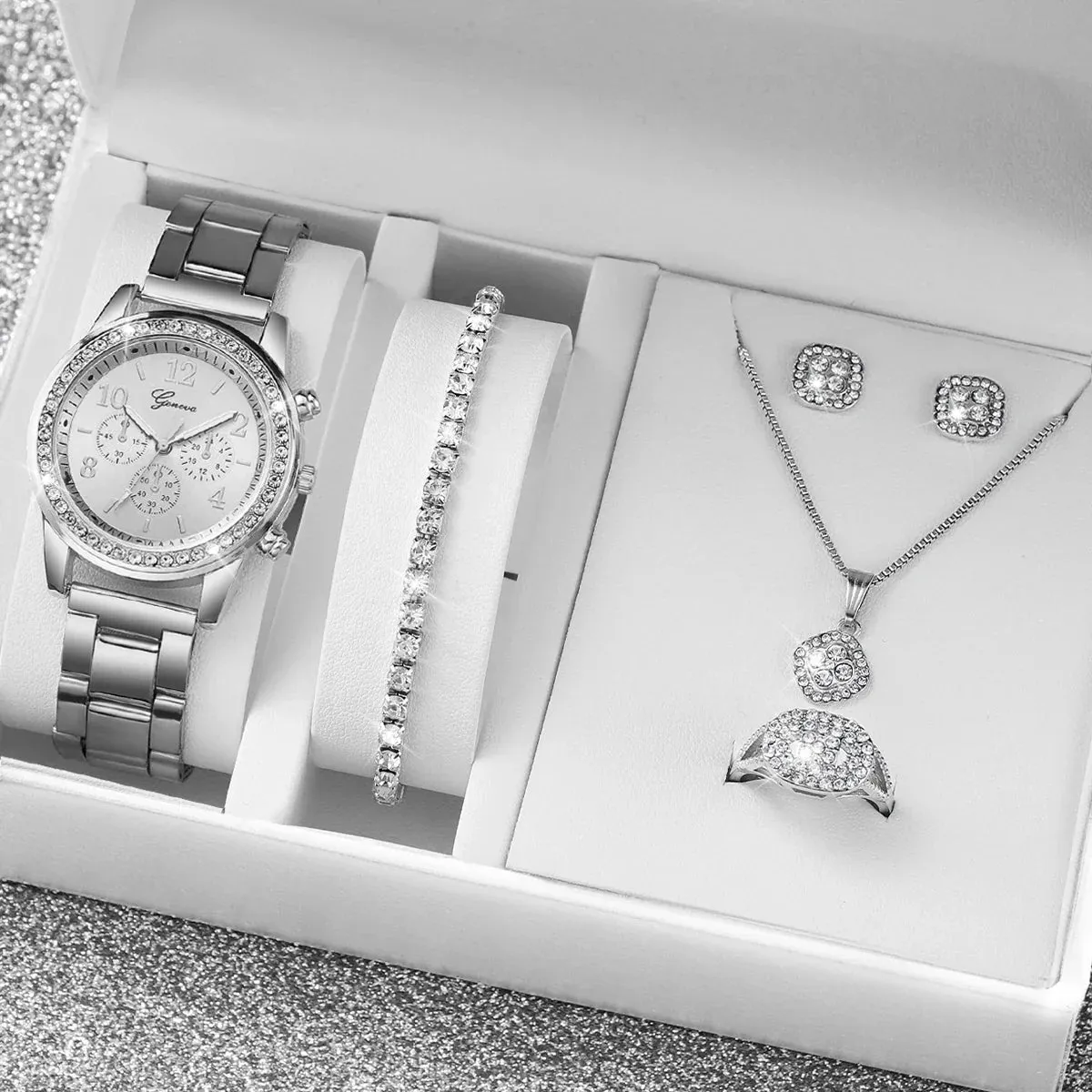6 Piece Rhinestone Watch Set Steel Band