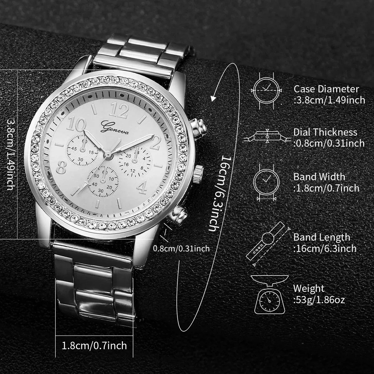 6 Piece Rhinestone Watch Set Steel Band