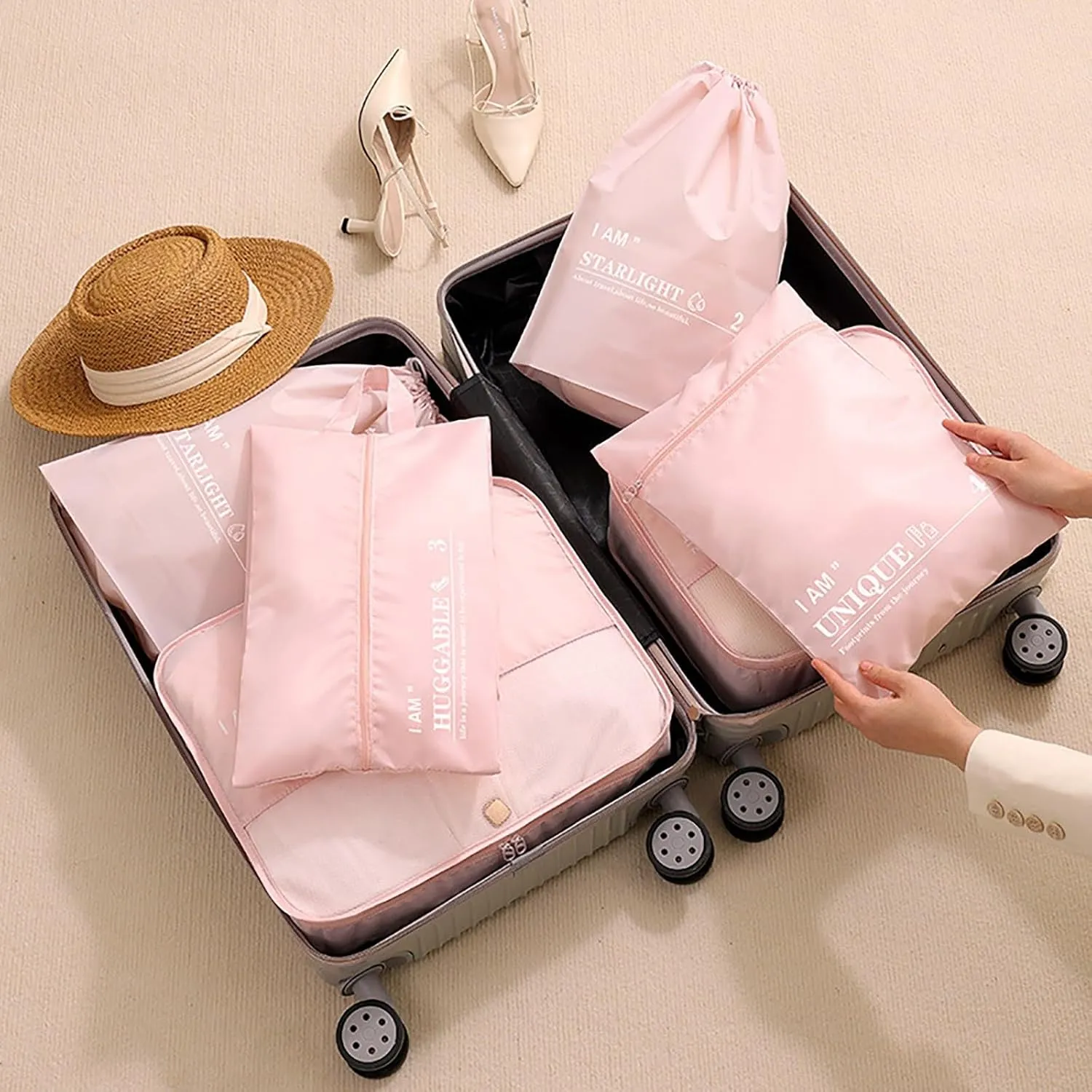 6 Set Packing Cubes Luggage Packing Organizers, Travel Packing Organizers Cubes Luggage Suitcase Organizer with Waterproof Shoe Bag and Laundry Bag, Lightweight Compression Pouches (Beige)