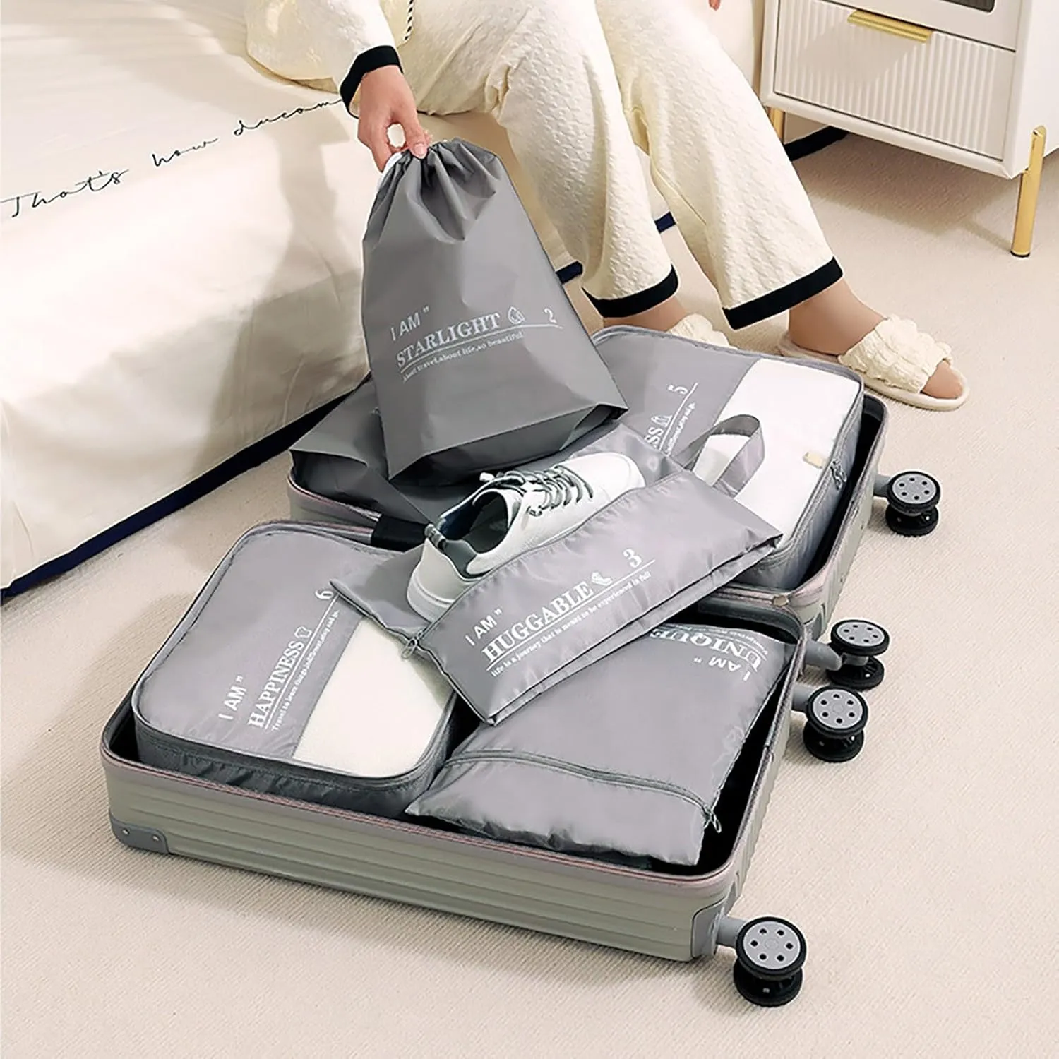 6 Set Packing Cubes Luggage Packing Organizers, Travel Packing Organizers Cubes Luggage Suitcase Organizer with Waterproof Shoe Bag and Laundry Bag, Lightweight Compression Pouches (Beige)