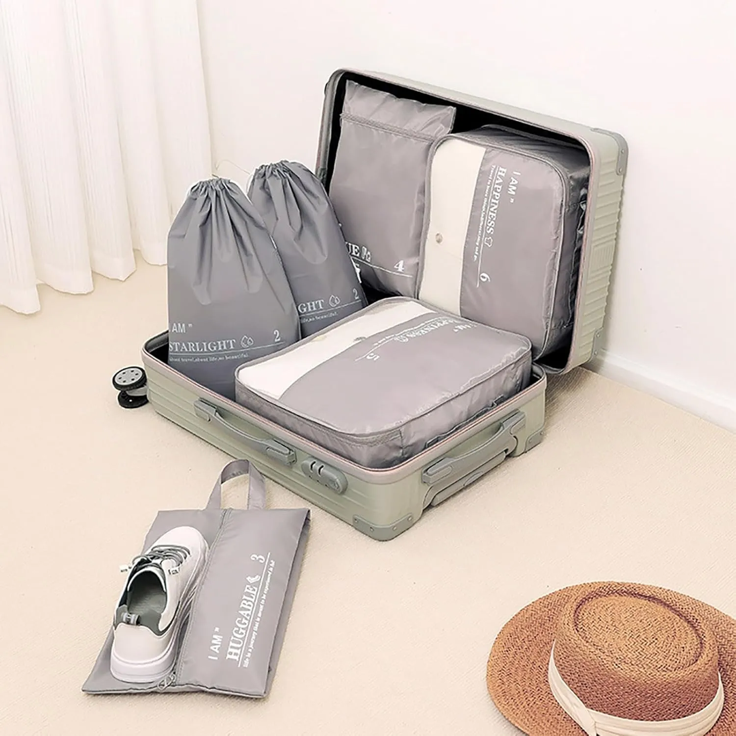 6 Set Packing Cubes Luggage Packing Organizers, Travel Packing Organizers Cubes Luggage Suitcase Organizer with Waterproof Shoe Bag and Laundry Bag, Lightweight Compression Pouches (Beige)
