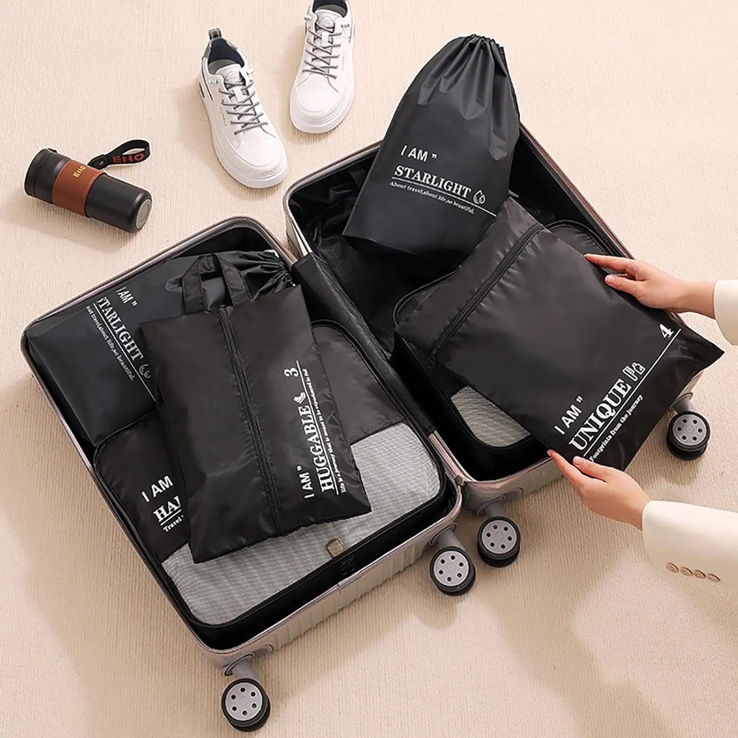 6 Set Packing Cubes Luggage Packing Organizers, Travel Packing Organizers Cubes Luggage Suitcase Organizer with Waterproof Shoe Bag and Laundry Bag, Lightweight Compression Pouches (Black)