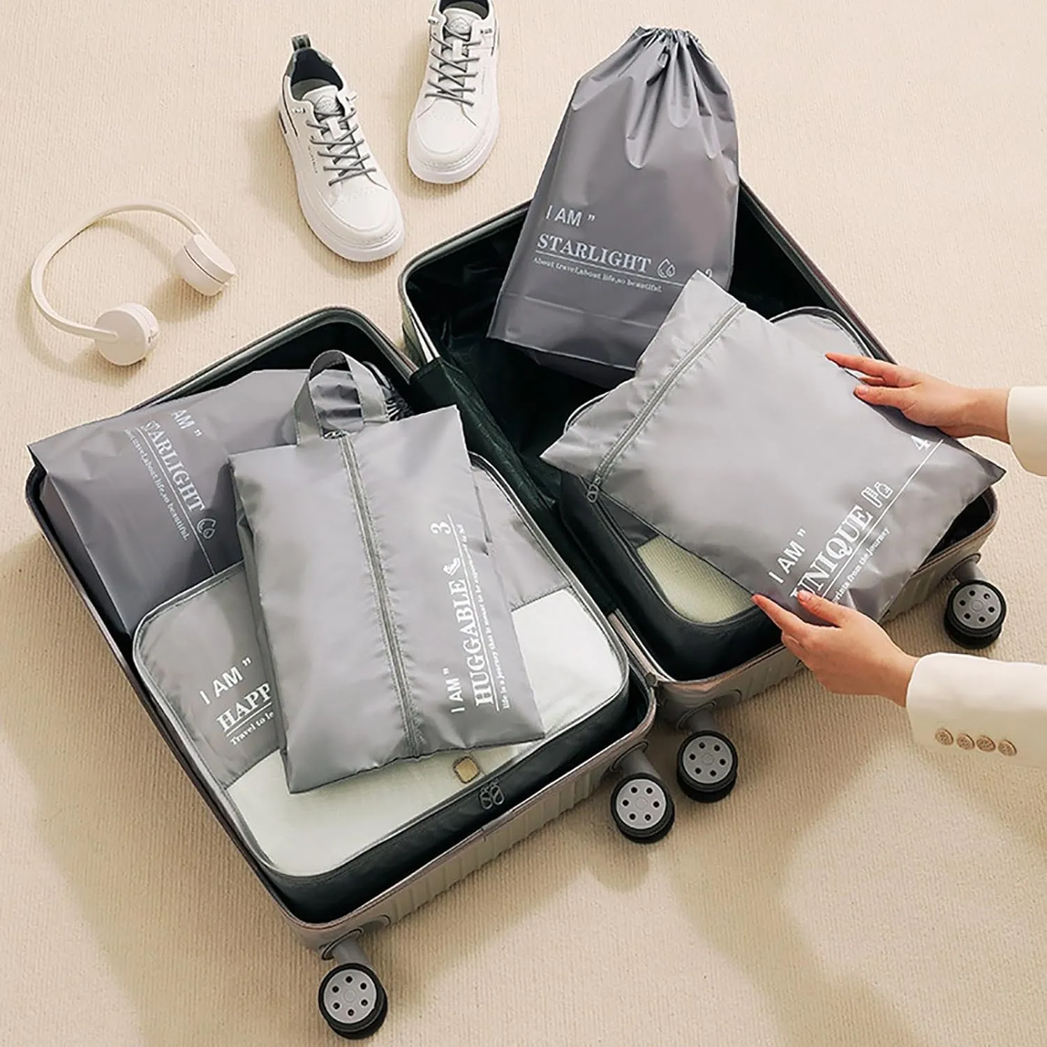 6 Set Packing Cubes Luggage Packing Organizers, Travel Packing Organizers Cubes Luggage Suitcase Organizer with Waterproof Shoe Bag and Laundry Bag, Lightweight Compression Pouches (Black)