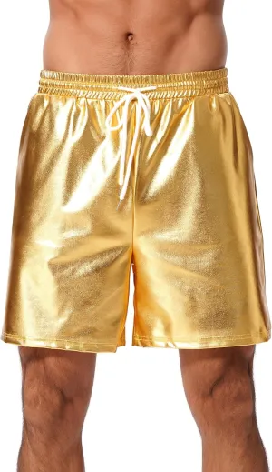 ABAFIP Men's Shiny Metallic Shorts Drawstring Sparkly Dance Hot Pants Disco Rave Party Outfit with Pockets