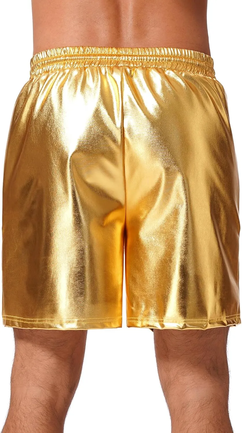ABAFIP Men's Shiny Metallic Shorts Drawstring Sparkly Dance Hot Pants Disco Rave Party Outfit with Pockets