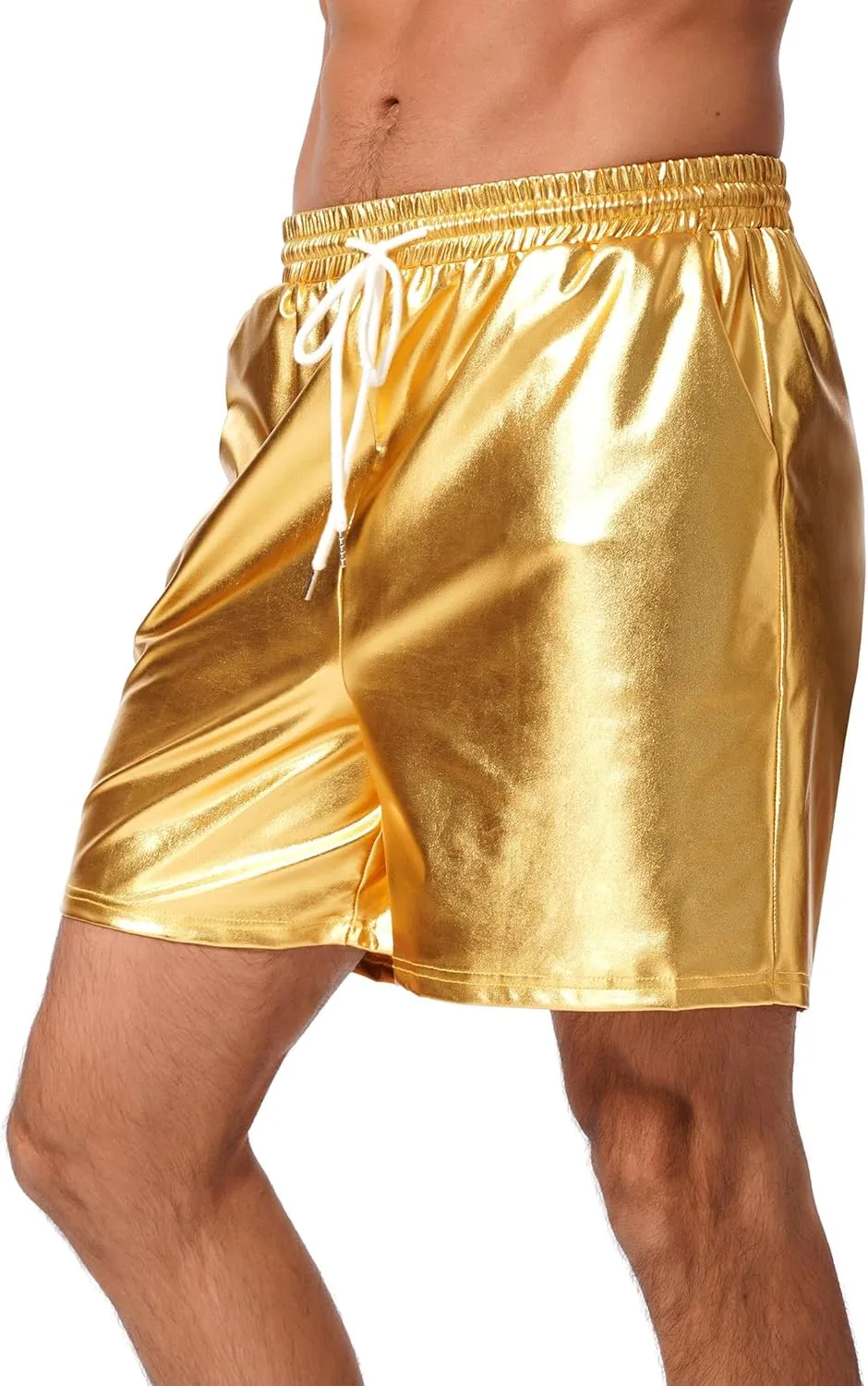 ABAFIP Men's Shiny Metallic Shorts Drawstring Sparkly Dance Hot Pants Disco Rave Party Outfit with Pockets