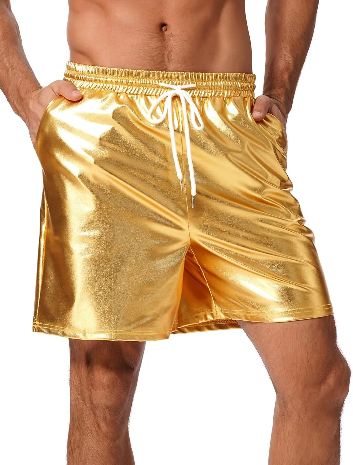 ABAFIP Men's Shiny Metallic Shorts Drawstring Sparkly Dance Hot Pants Disco Rave Party Outfit with Pockets
