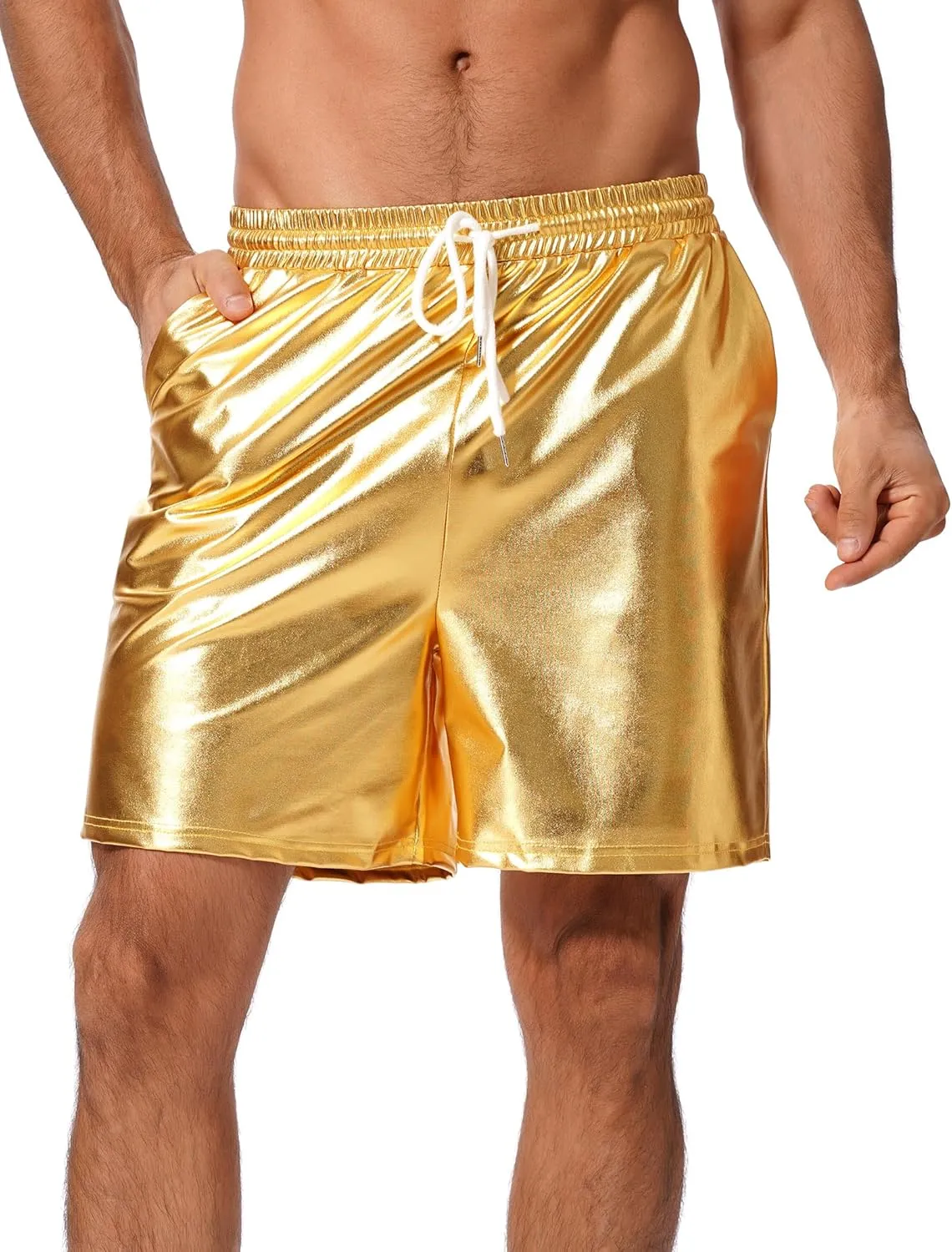 ABAFIP Men's Shiny Metallic Shorts Drawstring Sparkly Dance Hot Pants Disco Rave Party Outfit with Pockets