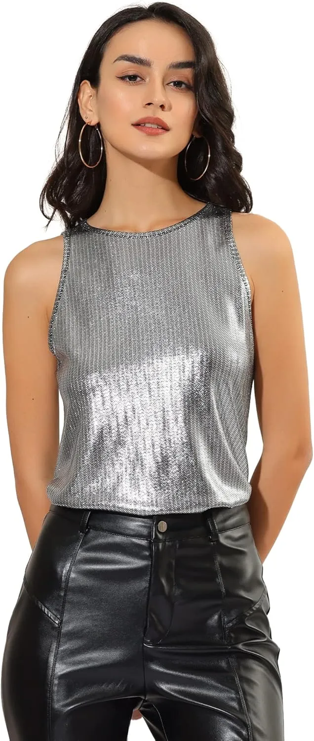 Allegra K Women's Metallic Tank Tops Shiny Sleeveless Party Disco Shirt
