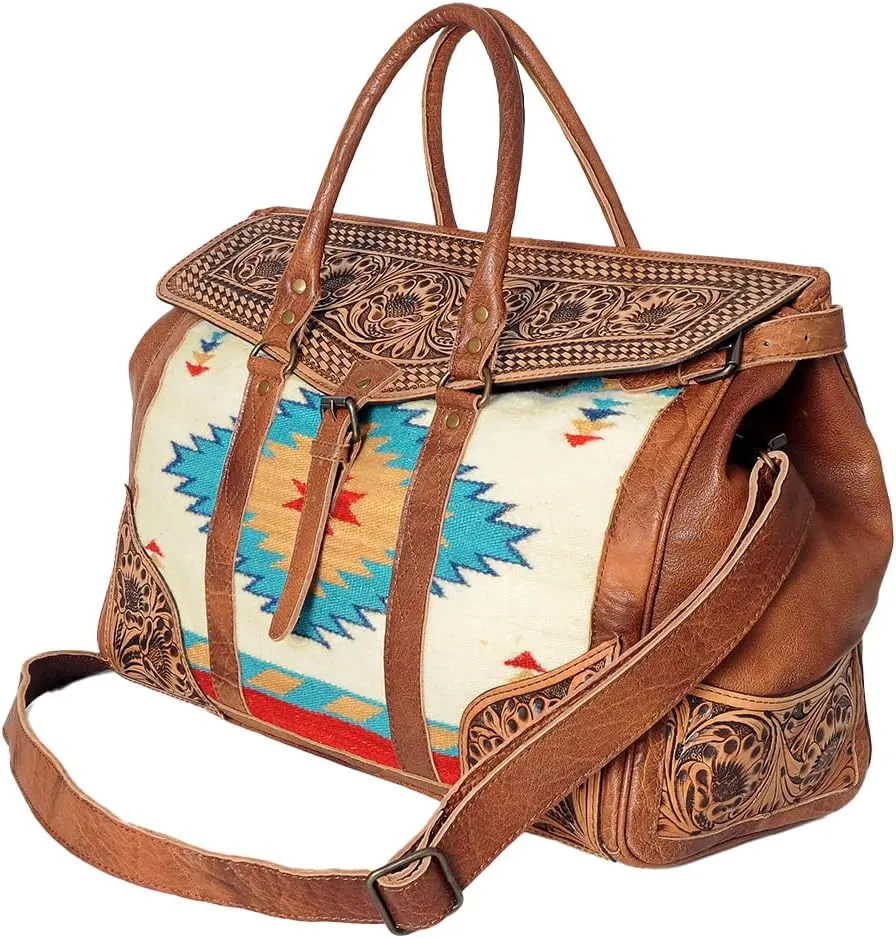 American Darling ADBG588 Duffel Hand Tooled Saddle Blanket Genuine Leather Women Bag Western Handbag Purse