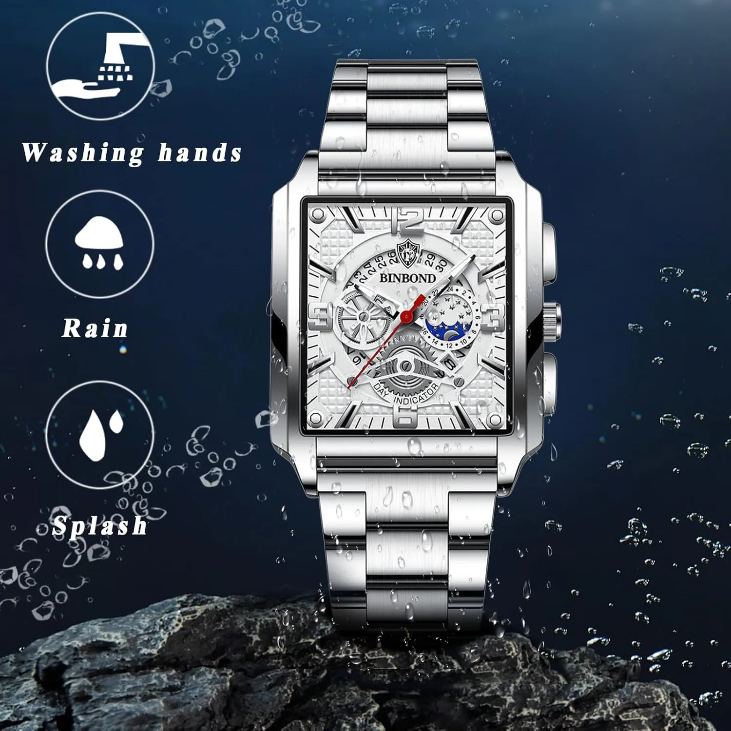 Analogue Qaurtz Square Wrist Watch: Men Gold Waterproof Luminous Hands Rectangle Date Wristwatch Stainless Steel Tank Chronograph Watches