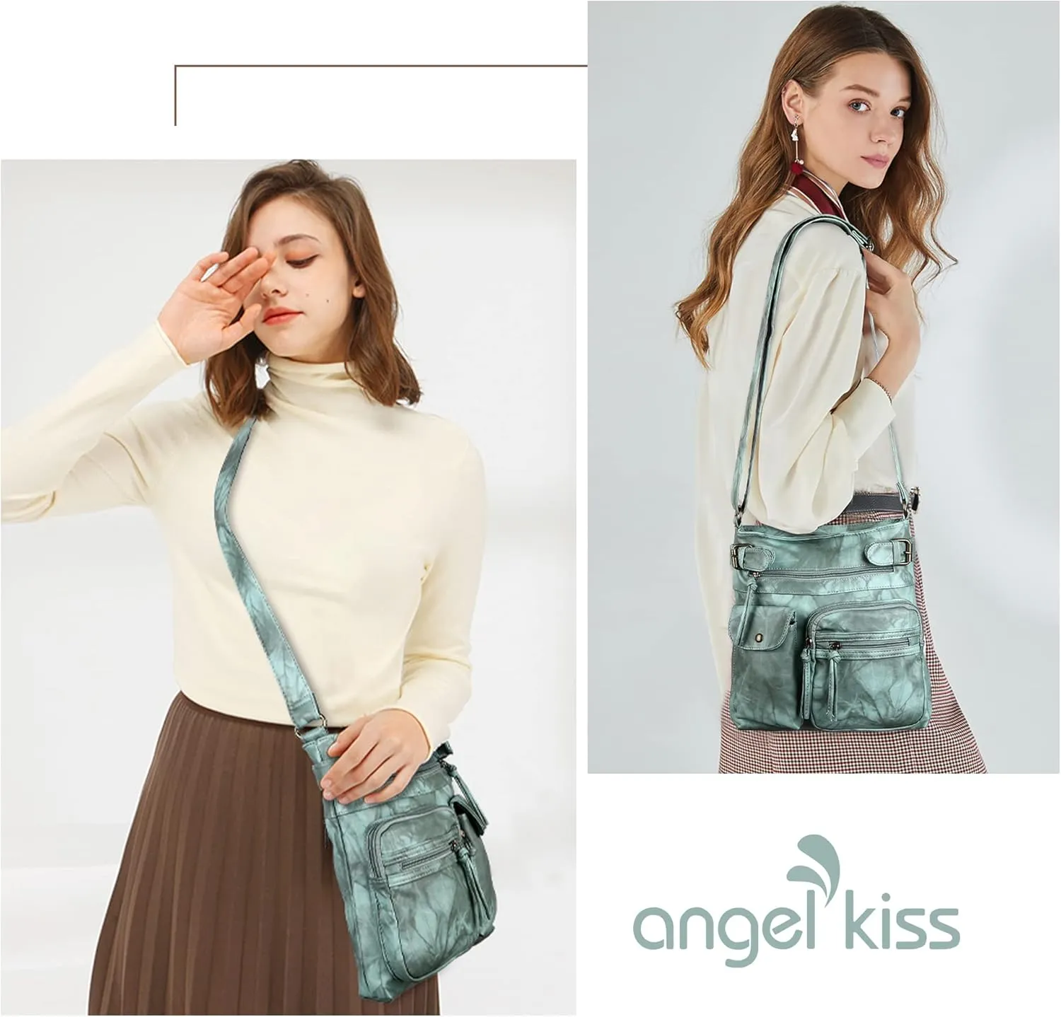 Angel Kiss Crossbody Bags for Women Washed Leather Shoulder Bags Multi Pocket Soft Hobo Purses and Medium Handbags